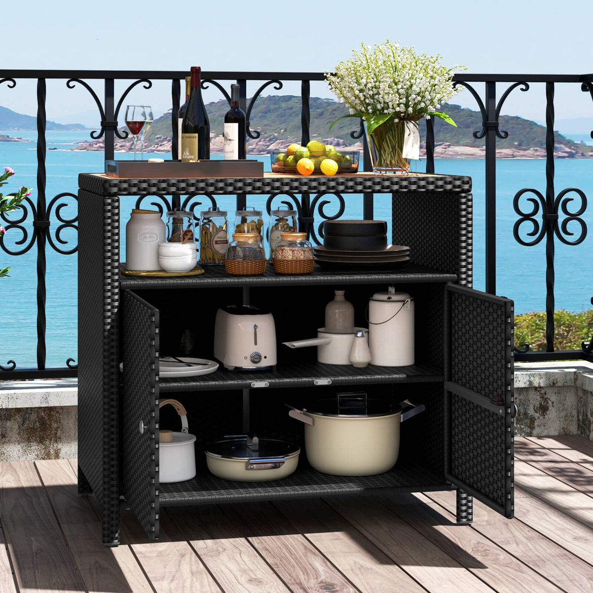 Latitude Run® Patio Storage Cabinet With Acacia Wood Countertop Open Shelf 2 Door Cabinet